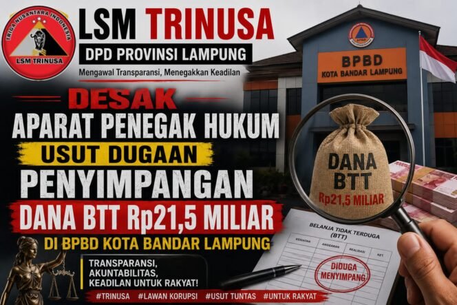 
LSM TRINUSA Desak Aparat Penegak Hukum Usut Dugaan Penyimpangan Dana BTT Rp21,5 Miliar di BPBD Kota Bandar Lampung